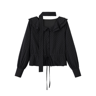 OVENHO文厚 春色将阑收腰荷叶领绑带肌理衬衫