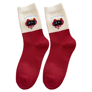 可爱袜子女秋冬款长袜卡通猫咪本命年红色堆堆袜新年袜纯棉中筒袜
