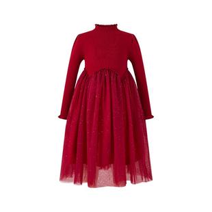 Little Naive儿童复古针织连衣裙冬季加绒纱裙女童红色拜年服裙子