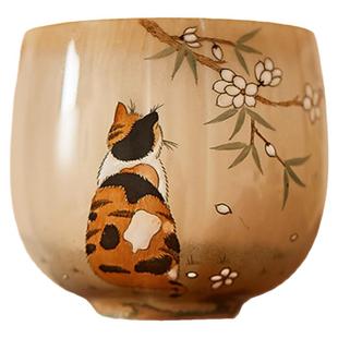 勾画景德镇全手工复古文艺窑变陶瓷橘猫背影功夫茶杯主人杯品茗杯
