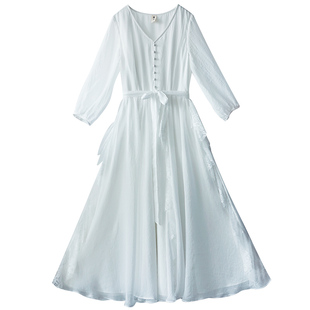 【云梦柔蔓】复古白色雪纺连衣裙女秋季蕾丝荷叶边拼接七分袖长裙