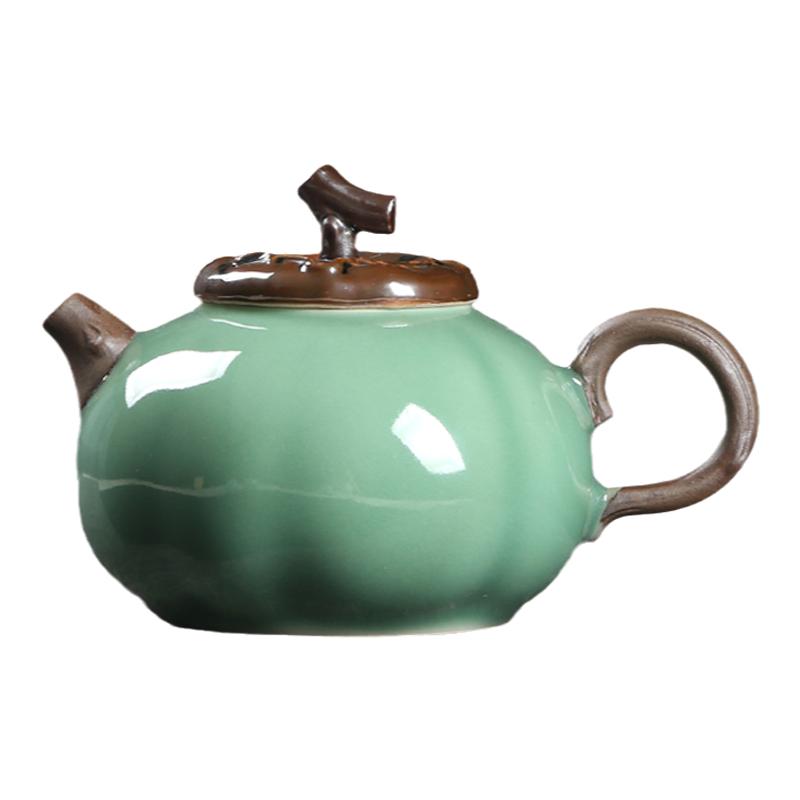 龙泉青瓷手工雕刻柿子茶壶