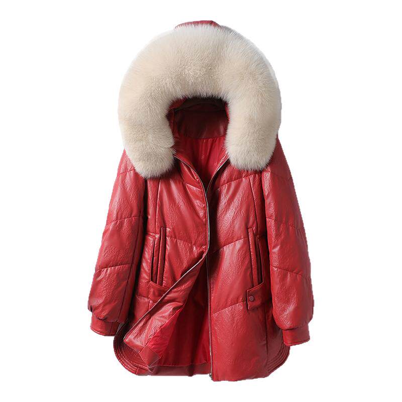羊皮羽绒服女常规连帽毛领皮衣冬