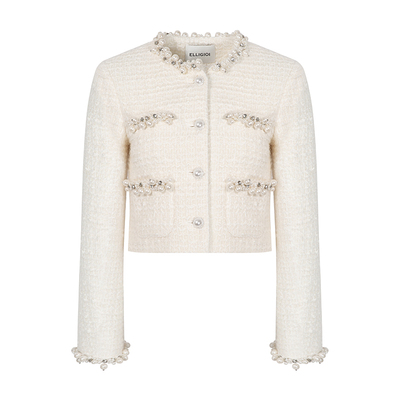 ELLIGIOI珍珠缝钻羊毛短外套半裙
