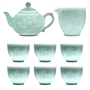 景德镇手工雕刻影青浮雕陶瓷茶具套装高档茶壶盖碗茶杯茶具礼盒装