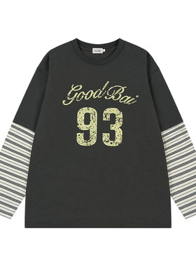 GOODBAI 男女同款logo93印花撞色假两件圆领oversize长袖T恤
