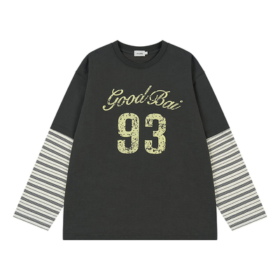 GOODBAI 男女同款logo93印花撞色假两件圆领oversize长袖T恤