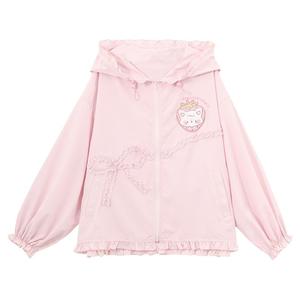 森女部落原创设计粉色草莓防晒服upf+50防紫外线连帽外套女蝴蝶结