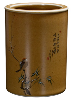 宣纸釉粉彩花鸟笔筒文房四宝之一