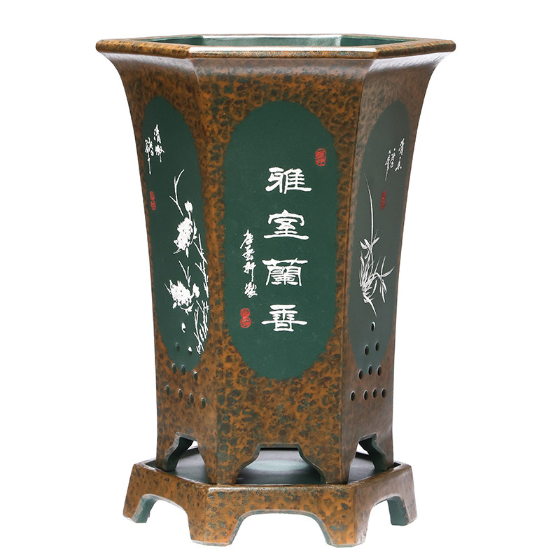 宜兴紫砂六方悬崖花盆带托盘