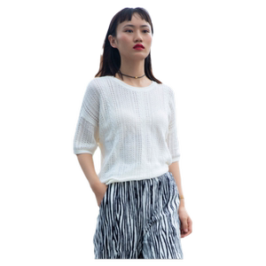 Anlom/娅奴针织半袖夏季镂空时尚圆领宽松修身显瘦短袖上衣女薄款