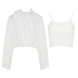 Kroche  Polka Dots 雪纺飘带宽松长袖衬衫+蕾丝背心两件套