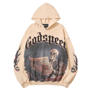 GODSPEED复古涂鸦骷髅看报嘻哈街头水洗连帽卫衣BOXY美式帽衫潮牌