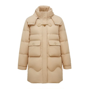 雪中飞2025秋冬新款女士羽绒服中长款牛角扣廓形简约过膝保暖红