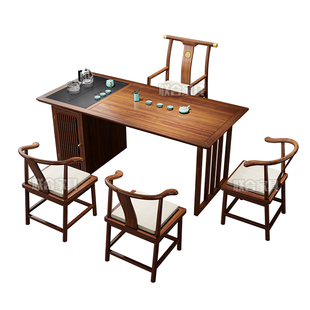 胡桃木阳台茶桌椅组合新中式实木储物茶几茶具套装一体客厅泡茶台