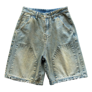 冷大娘 男女中大童复古醇洗重工做旧牛仔中裤百搭儿童5分裤子亲子