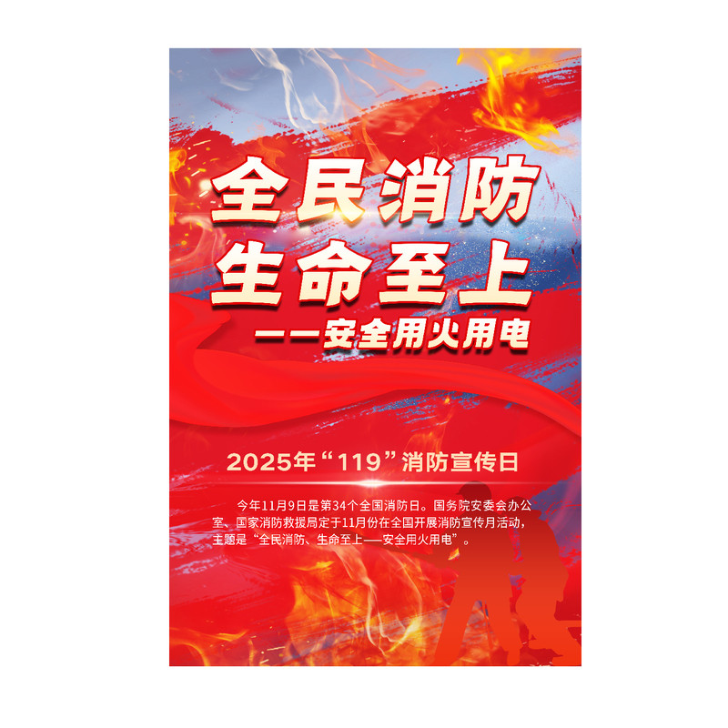 2025年消防月海报 119消防安全宣传主题安全教育知识挂图车间背胶