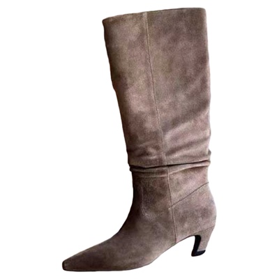 IDO磨卡其色长靴女4CM小跟时装靴