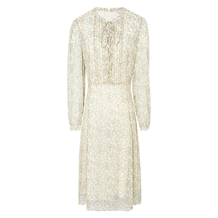 JESSIE2026年秋季新款优雅仿真丝雪纺印花收腰连衣裙女长袖系带领