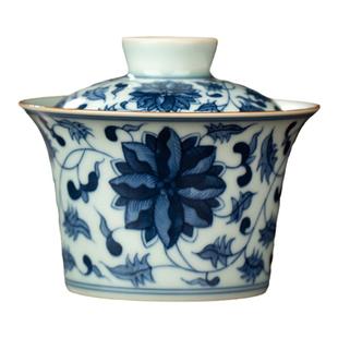 三勤堂仿古马蹄盖碗纯手绘景德镇陶瓷功夫茶具青花二才盖碗泡茶碗