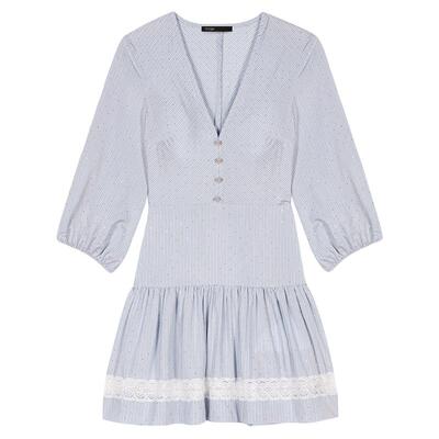 季末6折Maje商场同款2025秋冬款女装法式仿钻装饰V领条纹连衣裙