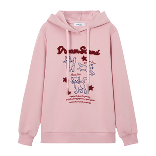 采多宝大码女装刺绣卡通三只猫连帽卫衣胖mm动物图案减龄梨型上衣