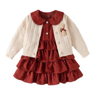 班喜迪女童连衣裙春装新款洋气宝宝公主裙周岁礼服开衫套装春秋季