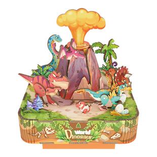同趣侏罗纪世界拼装八音盒手工diy音乐盒积木拼图益智玩具儿童