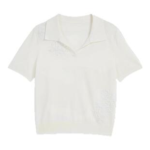 YINER音儿女装女装夏季法式顺色绣花海鸥领蚕丝混纺针织衫