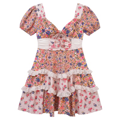 法式复古V领碎花收腰蕾丝连衣裙