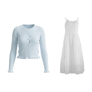 kodice2026春新款蓝色短款针织开衫白色棉质吊带连衣裙子两件套装