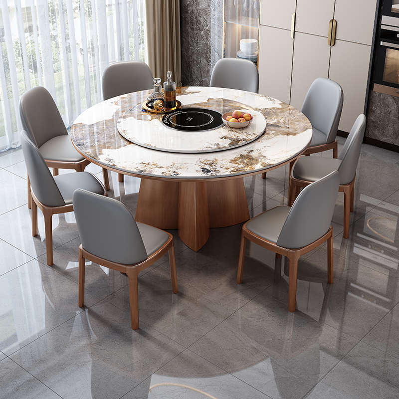 轻奢岩板餐桌椅组合现代简约小户型家用带转盘大圆桌实木圆形饭桌
