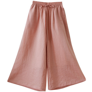 特惠【栀子花】侧开叉阔腿裤女夏季苎麻宽松裙裤圆领短袖上衣两件