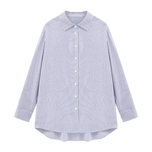 Basic House/百家好蓝白撞色竖条纹衬衫2026春宽松显瘦经典上衣