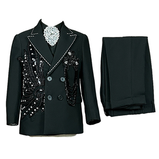 出租新款演出服男童西服套装黑色时尚闪亮主持人服装弹琴亮片礼服