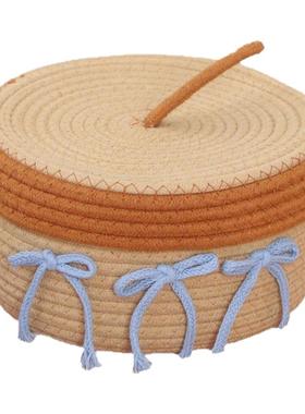 可爱蝴蝶结杂物收纳筐棉线编织带盖 防尘桌面零食储物篮收纳盒