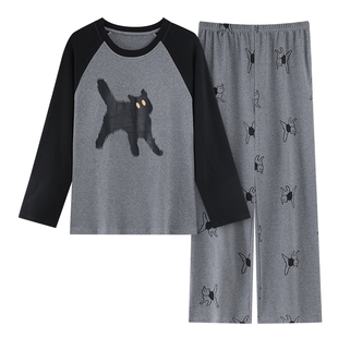 睡衣女款2026新款春秋季纯棉带胸垫长袖韩版卡通猫咪可外穿家居服