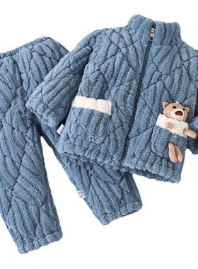 冬季三层夹棉加厚珊瑚家居服套装