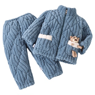 冬季三层夹棉加厚睡衣儿童女童珊瑚男孩男童法兰绒家居服宝宝套装