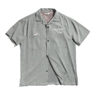 马登工装法式复古短袖衬衫桃皮绒美式宽松阿美咔叽衬衣古巴领男夏