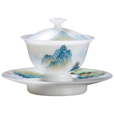 庄晓明老师手绘山水三才盖碗