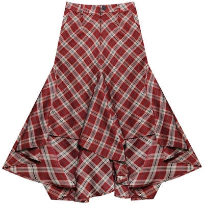 美式复古红色格子半裙