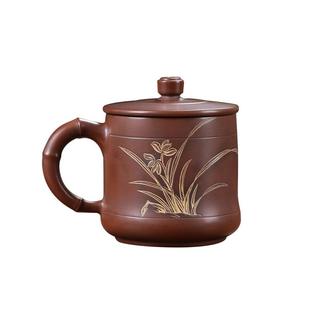 钦州原矿坭兴陶全手工办公杯竹节兰花办公杯 精雕图案古窑火淬炼