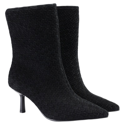 fed黑色时装靴女冬季新款女靴高跟短靴编织真皮靴女款S0925-YA088