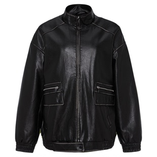 MOUSSY 春季新品街头风立领拉链皮衣夹克外套女028IAA30-1021