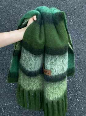 绿青梅森系羊绒条纹流苏保暖绿色围巾女复古加厚冬季防寒围脖披肩