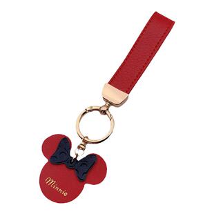 米妮头车钥匙扣手绳女红色精致钥链米奇真皮挂件创意高级挂坠挂饰