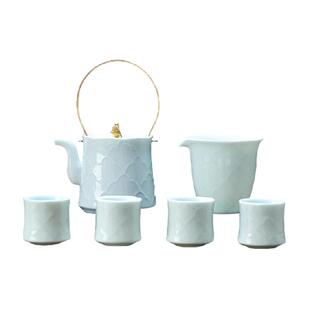 景德镇陶瓷雕刻功夫茶具送礼乔迁长辈礼品影青茶杯提梁茶具套装