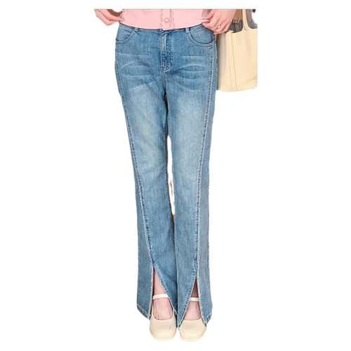 LIME莱茵高腰牛仔裤浅蓝色2024春夏新款裤角开衩设计感高级女裤子