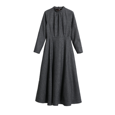 秋冬款千鸟格毛呢连衣裙加厚长裙